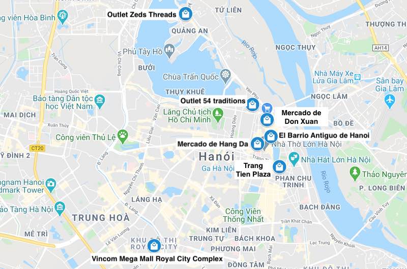 Mapa de lugares donde hacer compras en Hanoi