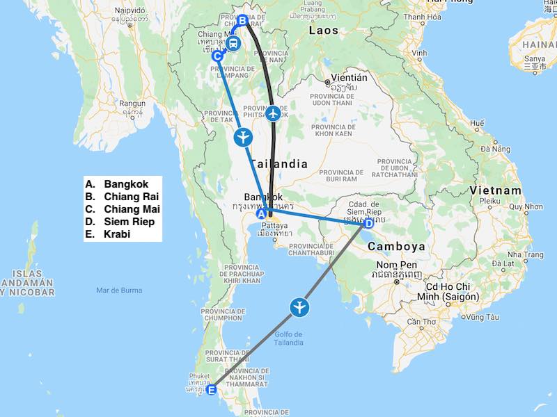 Mapa de la ruta a Tailandia y Camboya