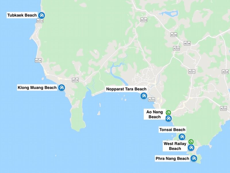 Mapa de las playas de Krabi