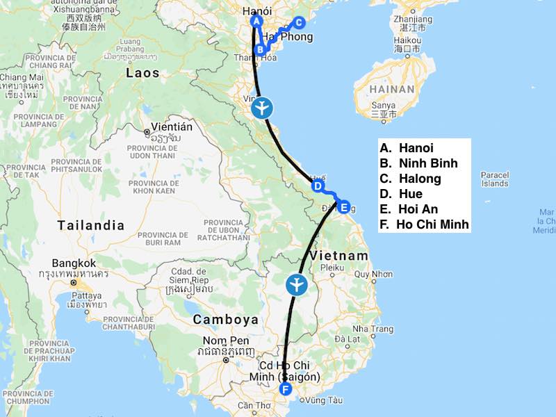 Mapa de la Ruta de Vietnam en 15 dias