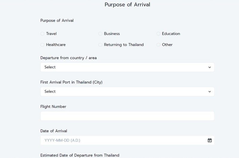 Formulario datos de viaje a rellenar en el Thailand Pass